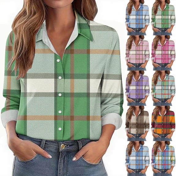 Wiyuqeen Womens Plaid Shirts Cotton Classic Long Sleeve Button Down Collared Casual Tops Lightweight Fall Blouses Button Down Shirts