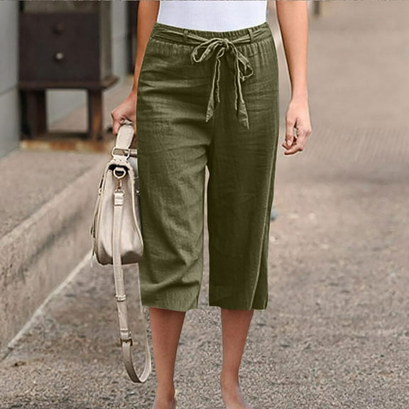 Wiyuqeen Womens Plus Size Capris Cotton Linen Cropped Pants Straight Wide Leg Capri Pants with Pockets Loose Breathable Drawstring Trousers