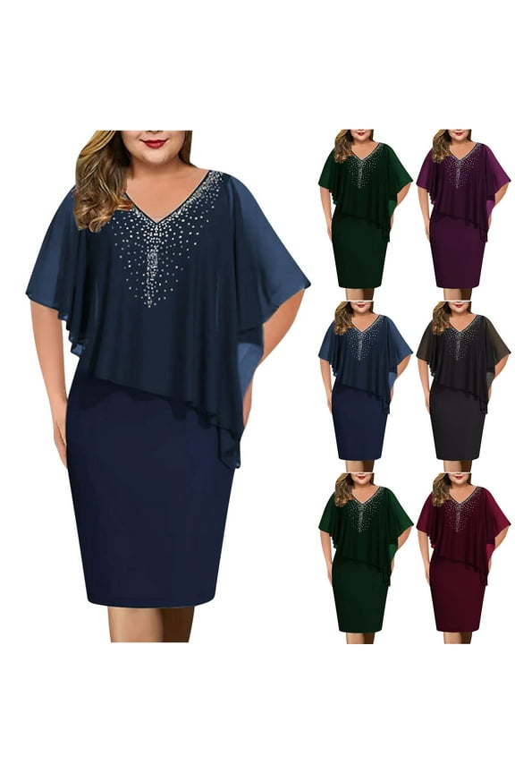 Womens Plus Size Pencil Bodycon Dresses with Chiffon Cape V Neck Overlay with Rhinestone Mother of the Bride Dresses