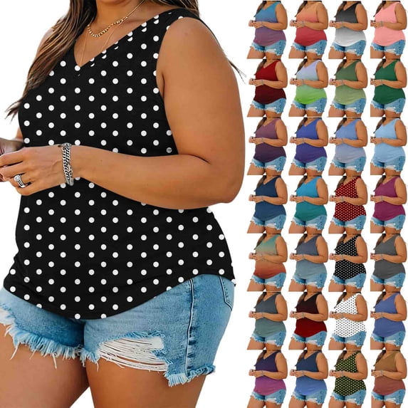 Wiyuqeen Womens Plus Size Tank Tops Summer Sleeveless V Neck Casual Loose Blouses Plaid Dot Graphic Tees Ladies Basci Tanks S-5XL
