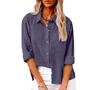 Wiyuqeen Womens Plus Sized Button Down T-shirts Basic Gauze Cotton Linen Dressy Shirts Long Sleeve Oversized Boyfriend Solid Tunic Tops with Pockets