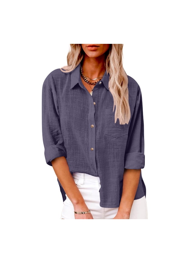 Womens Plus Sized Button Down T-shirts Basic Gauze Cotton Linen Dressy Shirts Long Sleeve Oversized Boyfriend Solid Tunic Tops with Pockets