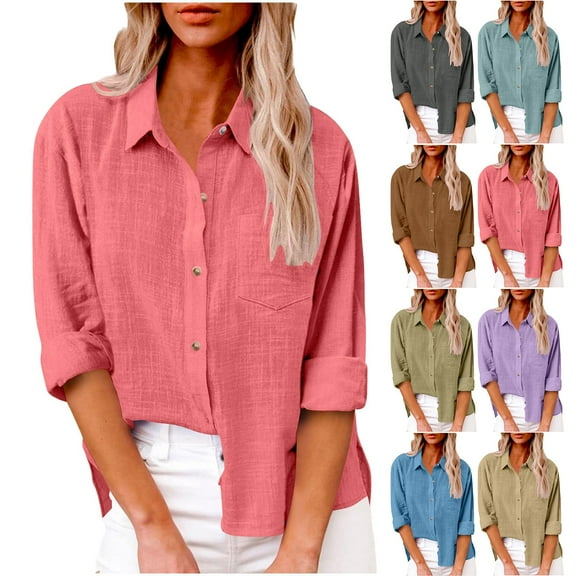 Wiyuqeen Womens Plus Sized Button Down T-shirts Basic Gauze Cotton Linen Dressy Shirts Long Sleeve Oversized Boyfriend Solid Tunic Tops with Pockets