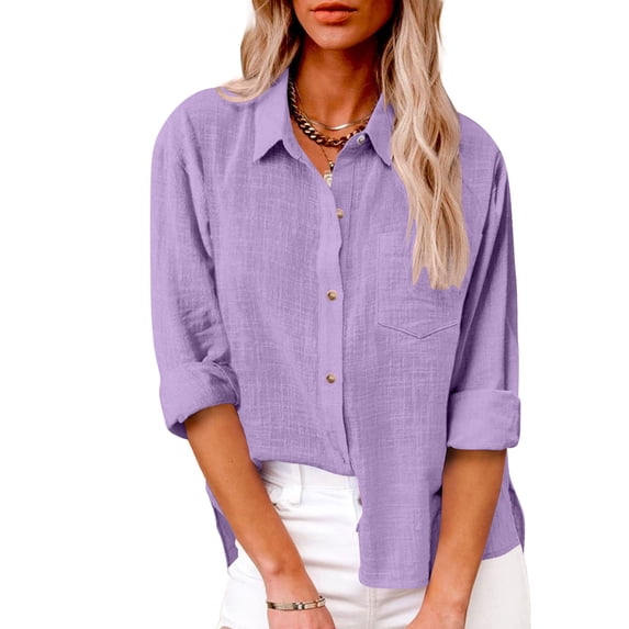 Wiyuqeen Womens Plus Sized Button Down T-shirts Basic Gauze Cotton Linen Dressy Shirts Long Sleeve Oversized Boyfriend Solid Tunic Tops with Pockets