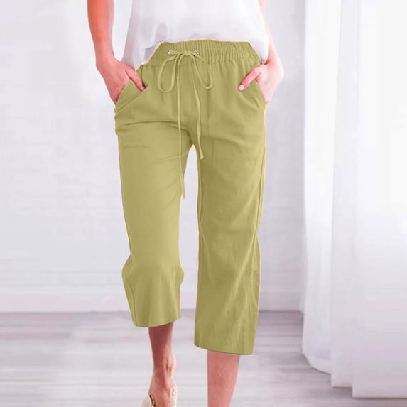 Wiyuqeen Womens Plus Sized Drawstring Smocked High Rise Pants Solid Cotton Linen Capri Pants Summer Soft Wide Leg Cropped Lounge Pants with Pockets