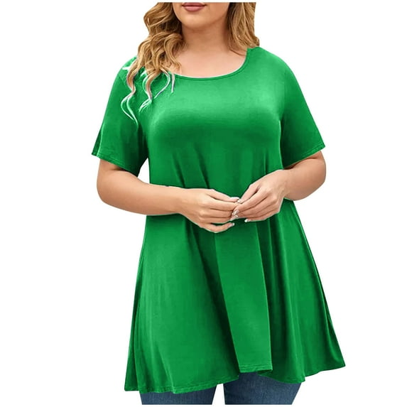 Wiyuqeen Womens Plus Sized Solid Tunics Stretchy Loose Fit Flowy Blouses Wear with Leggings Basic Solid Crew Neck Short Sleeve Tshirts Long Summer Tops