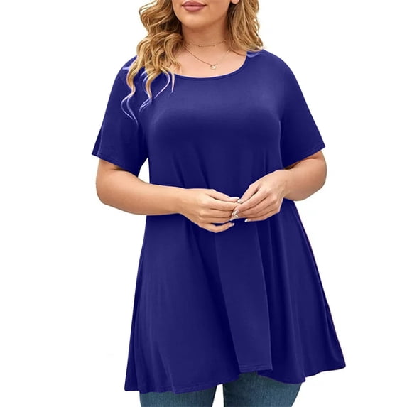 Wiyuqeen Womens Plus Sized Loose Fit Tunics Tops Casual Comfy Crew Neck Blouses Soft Elegant Short Sleeve Long Shirts with Leggings