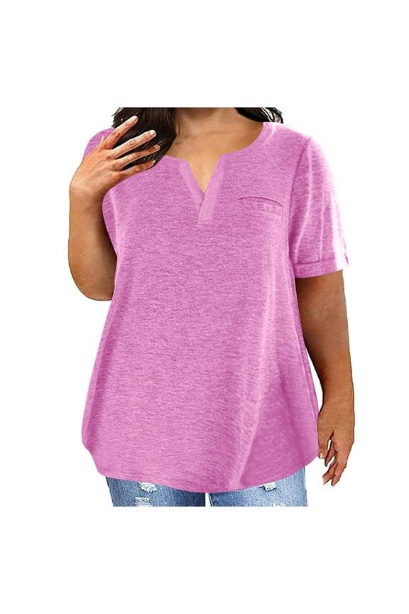 Womens Plus Sized Notch V Neck Blouses Basic Solid Color T-shirts with Pockets Front Comfy Loose Fitted Summer Short Shirts