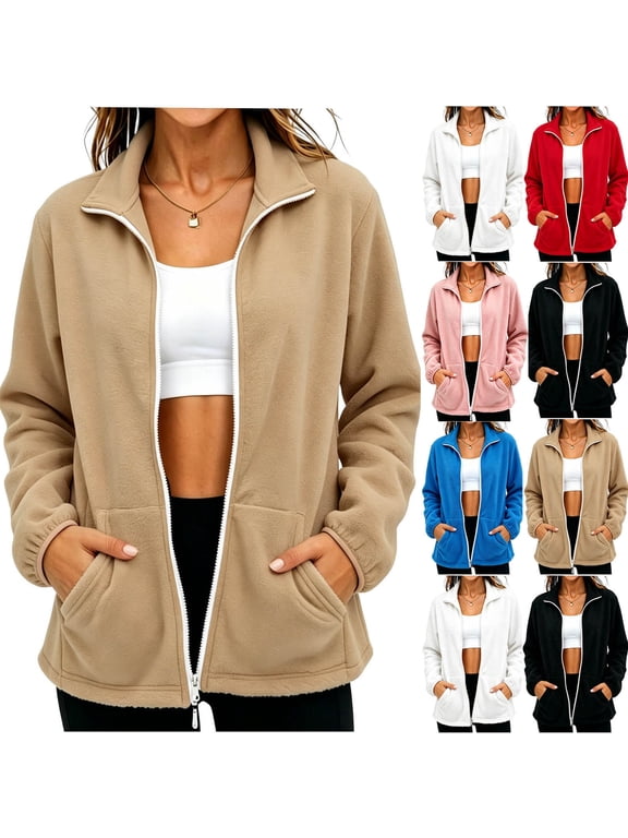 Womens Polar Fleece Jacket Zip up Long Sleeve Warm Track Coats Solid Stand Collared Lightweight Fall Sweat Jackets with Pocket S-XXL