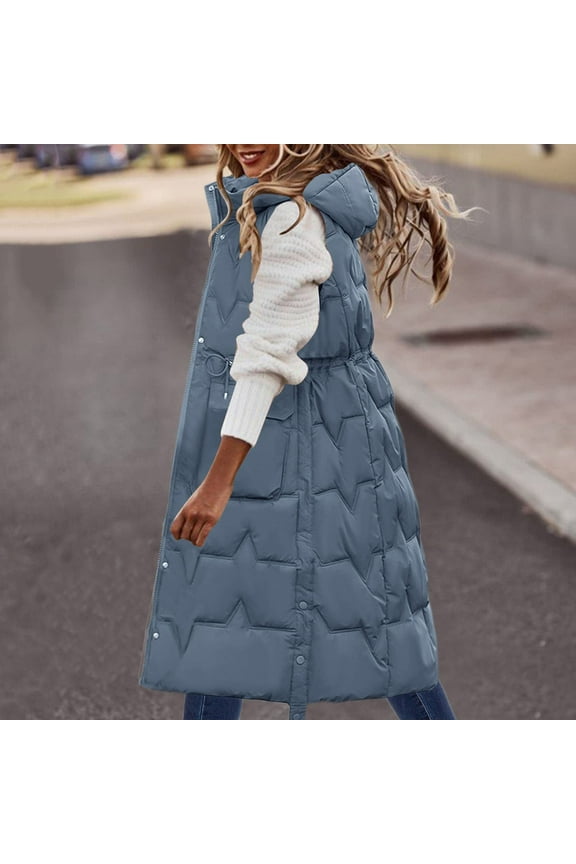 Womens Puffer Vest Winter Hooded Sleeveless Zip Up Long Puffer Jacket Quilted Faux Down Filled Hooded Vest Warm Thick Coats with Pockets