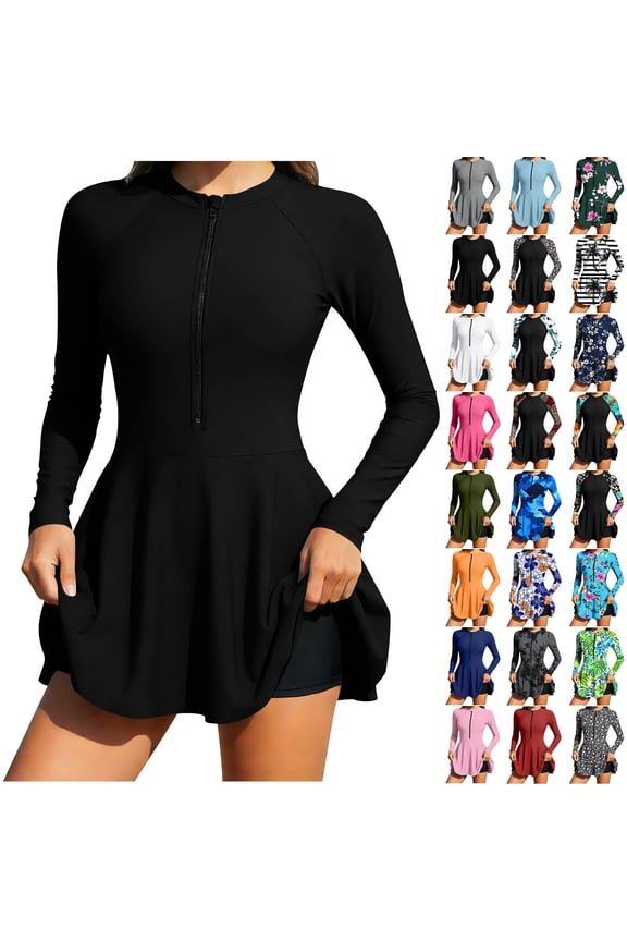 Womens Rash Guard Long Sleeve UPF 50+ Zip Up One Piece Swimsuits with Shorts Modest Swim Dress with Built in Bra Graphic Bathing Suits