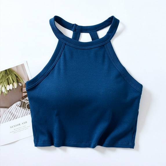 Wiyuqeen Womens Ribbed Knit Halter Tank Tops Classic High Crew Neck Camis Tops with Built in Bra Basic Tight Cropped Tops Workout Racerback Vests
