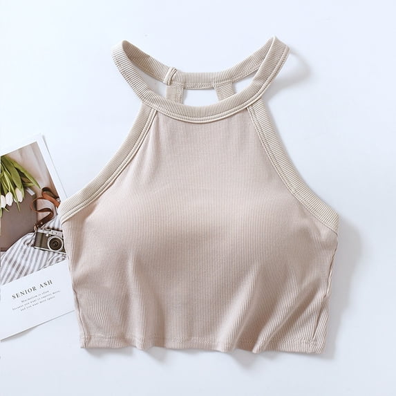 Wiyuqeen Womens Ribbed Knit Halter Tank Tops Classic High Crew Neck Camis Tops with Built in Bra Basic Tight Cropped Tops Workout Racerback Vests