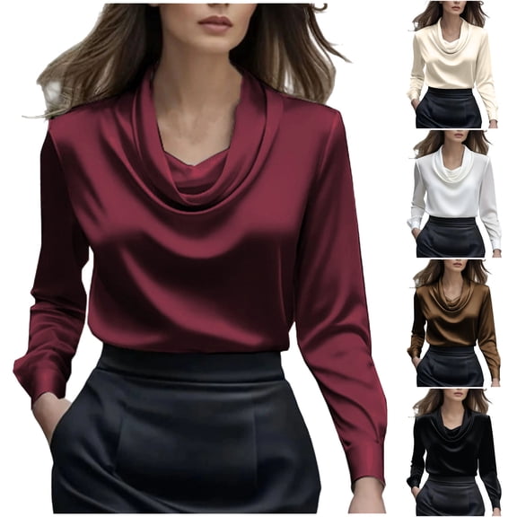 Wiyuqeen Womens Satin Silk Blouses Cowl Neck Draped Tops Long Sleeve Solid Dressy Casual Shirts Lightweight Summer Work Business Shirts