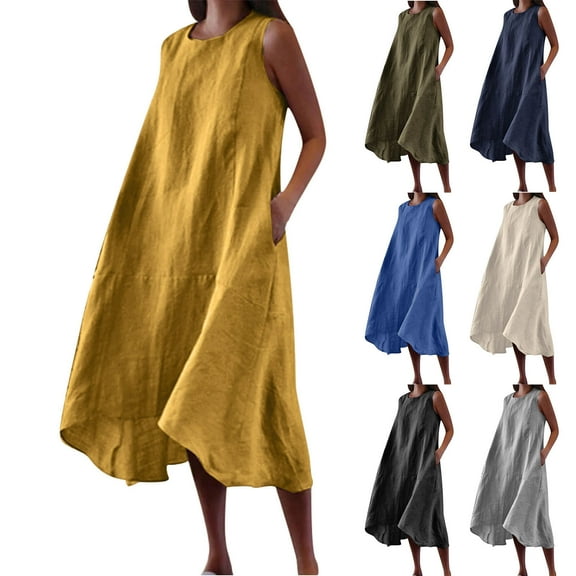 Wiyuqeen Womens Sleeveless Midi Dresses with Pocket Crew Neck Cotton Linen Lounge Dresses Solid Flowy Swing A Line Dresses for Beach