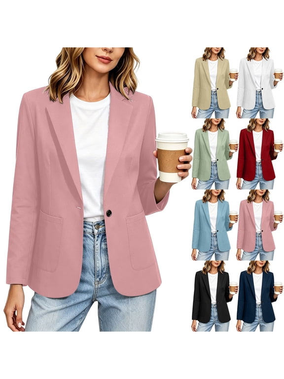 Womens Solid Blazer Long Sleeve Notched Lapel Single Button with Pockets Lined Shoulder Pads Casual Office Jacket S-2XL