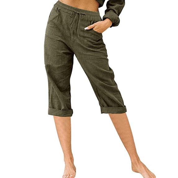 Wiyuqeen Womens Solid Button Cotton Linen Capri Pants with Pockets Casual Straigh Wide Leg Cropped Trousers Comfy Elastic High Waist Lounge Pants