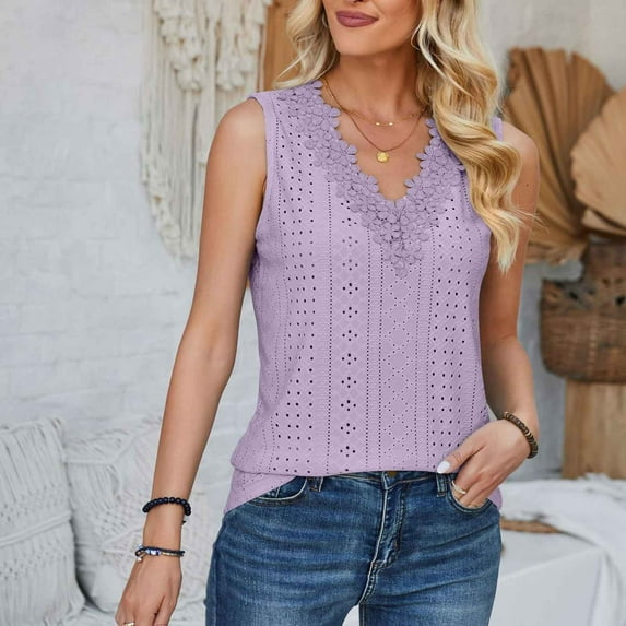 Wiyuqeen Womens Solid Color Lace V Neck Tank Tops Comfy Summer Vests Basic Hollow Out Sleeveless Camis Casual Loose Fit T-shirts