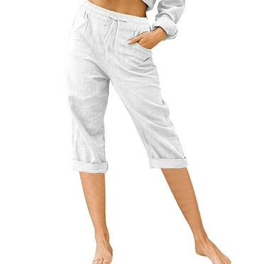Wiyuqeen Womens Solid Cotton Pants with Pockets Loose Rolled Hem Straight Wide Leg Pants Casual Capri Pants Female Button-up Elastic Waist Pants
