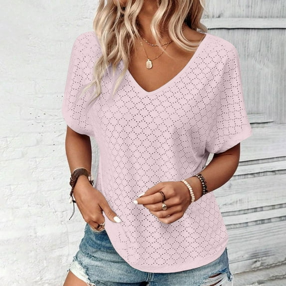 Wiyuqeen Womens Solid V Neck Eyelet T-shirts Soft Trendy Bawting Short Sleeve Shirts Basic Breathable Hollow Out Blouses Casual Comfy Summer Tops