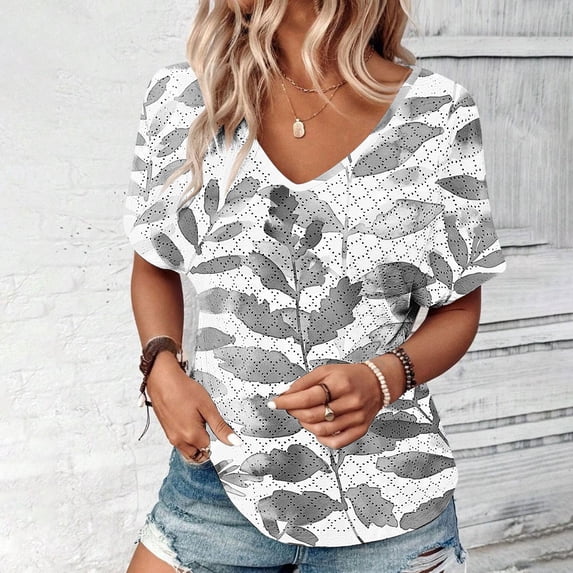 Wiyuqeen Womens Solid V Neck Eyelet T-shirts Soft Trendy Bawting Short Sleeve Shirts Basic Breathable Hollow Out Blouses Casual Comfy Summer Tops