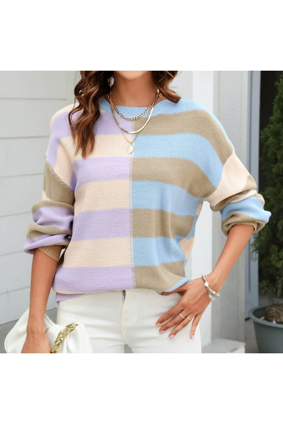 Womens Striped Oversized Sweater 2024 Knitted Crew Neck Long Sleeve Sweater Shirts Cozy Color Block Casual Loose Pullover Tops
