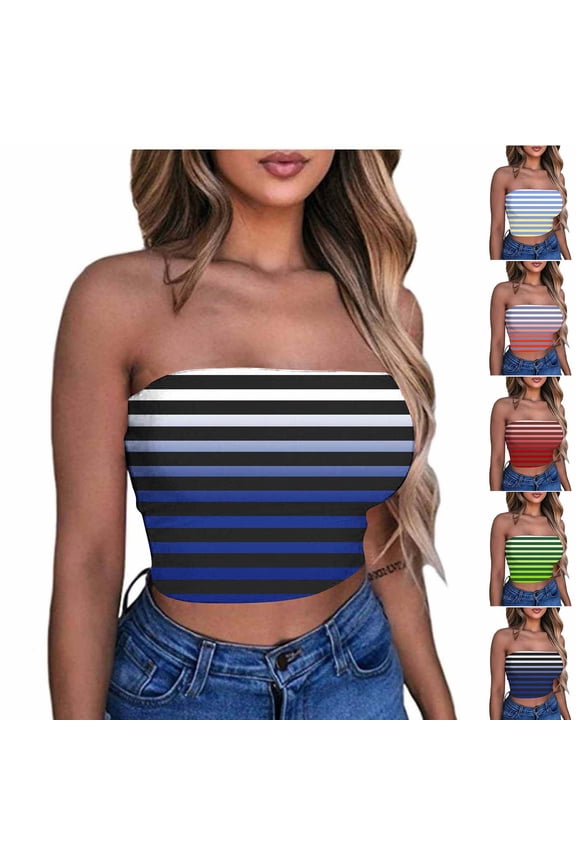 Womens Striped Tube Top Strapless Y2K Summer Going Out Slim Fit Bandeau Plus Size Stretchy Yoga Sporty Tanks