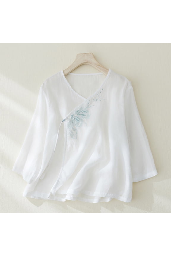 Womens Summer 3/4 Sleeve Chinese Blouses Tops Traditional Ethnic Cotton Linen V Neck Shirts Loose Retro Chinese Frog Button Embroidery Tshirts