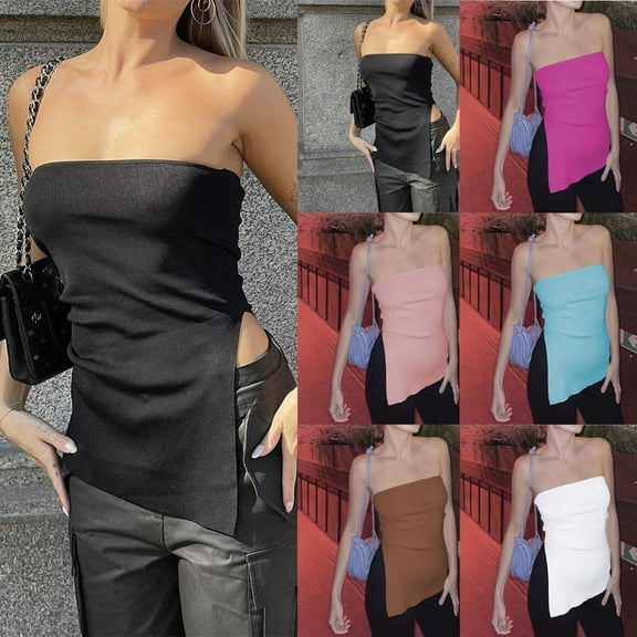 Wiyuqeen Womens Summer Going Out Tube Tops Strapless Slit Asymmetrical Bandeau Backless Corset Cute Teen Girls Y2k Shirts
