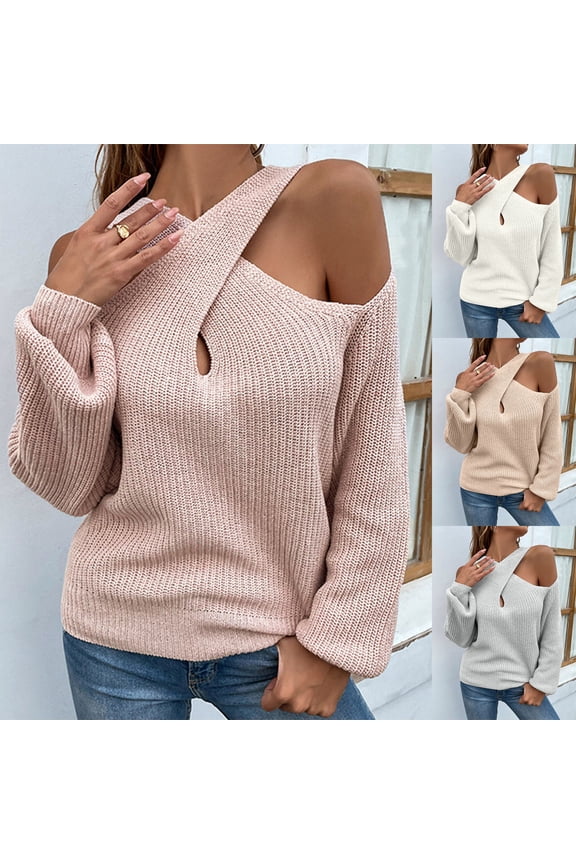 Womens Sweaters Casual Off Shoulder Tops Crossed V- Neck Long Sleeve Knitted Crop Halter Pullover Top Solid Fall Sweaters