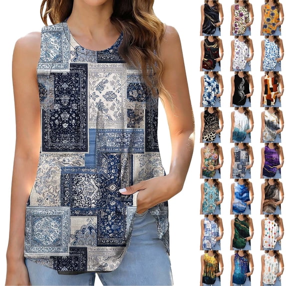 Wiyuqeen Womens Tank Tops Summer Pleated T Shirts Sleeveless Casual Loose Tunic Blouses Boho Floral Print Vintage Shirts Graphic Tees