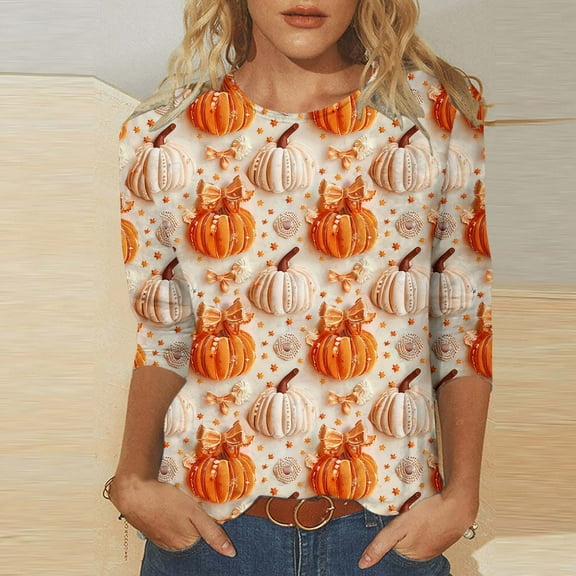 Wiyuqeen Womens Thanksgiving 3/4 Sleeve Shirts Thankful Grateful Blessed Shirt Crew Neck Gobble Shirts Fall Graphic Tees