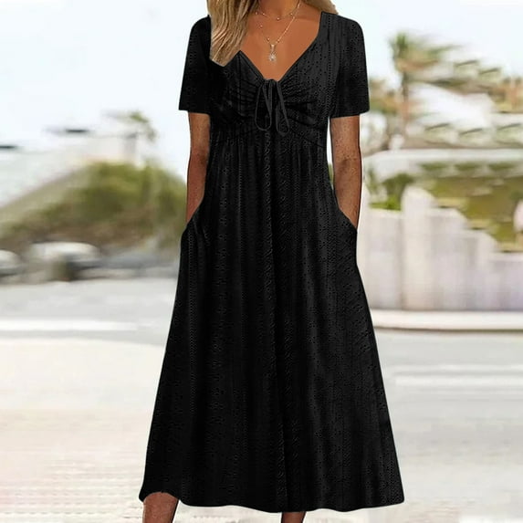 Wiyuqeen Womens Tie Front Eyelet Dresses Casual V Neck Short Sleeve Maxi Dresses Summer Smocked Solid Dresses Trendy Loose Empire Dresses with Pockets