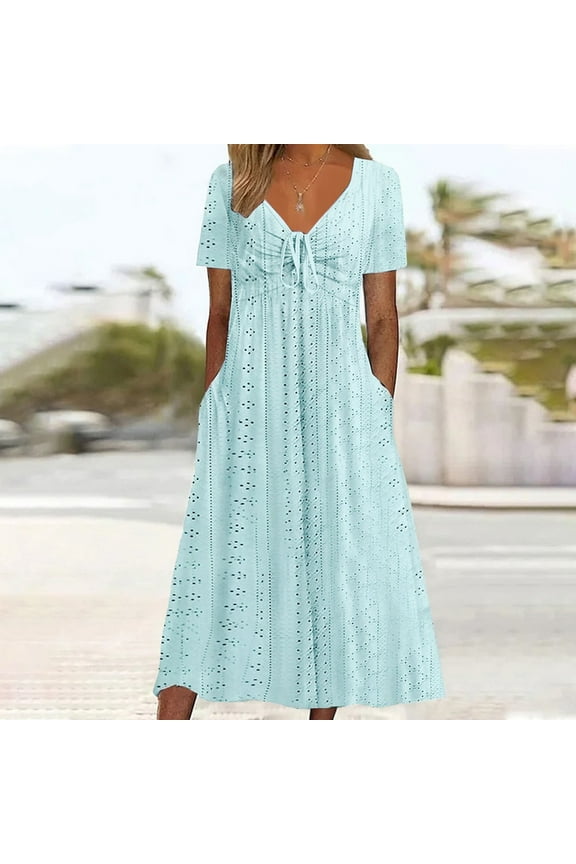 Womens Tie Front Eyelet Dresses Casual V Neck Short Sleeve Maxi Dresses Summer Smocked Solid Dresses Trendy Loose Empire Dresses with Pockets