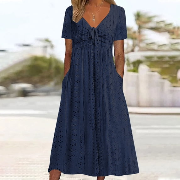 Wiyuqeen Womens Tie Front Eyelet Dresses Casual V Neck Short Sleeve Maxi Dresses Summer Smocked Solid Dresses Trendy Loose Empire Dresses with Pockets