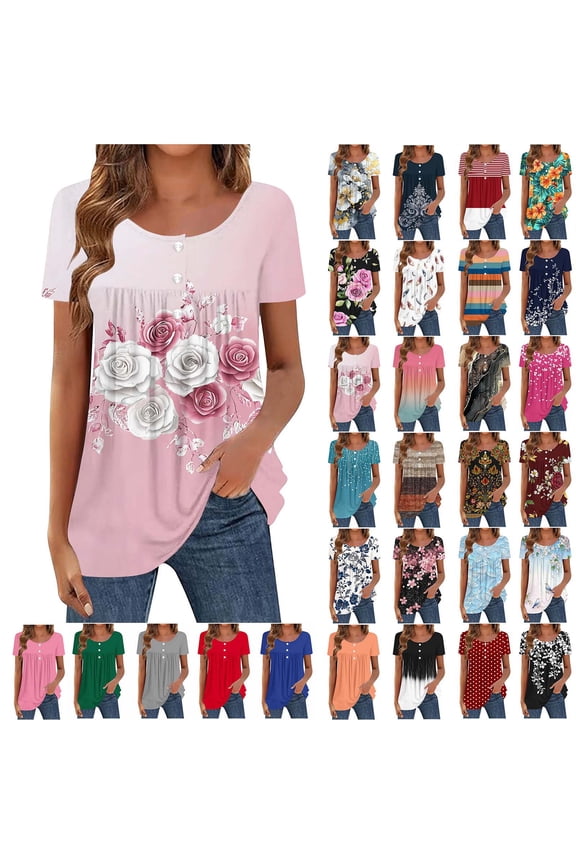 Womens Tops Hide Belly Tunic Summer Short Sleeve T Shirts Flowy Henley Tshirt Casual Dressy Blouses for Leggings Camiseta Para Mujer