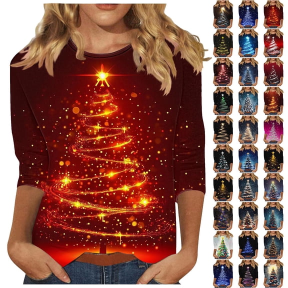 Wiyuqeen Womens Tops Marry Chriatmas Party T Shirts 3/4 Sleeve Xmas Graphic Tees Crew Neck Sparkly Print Shirts Plus Size Shirts