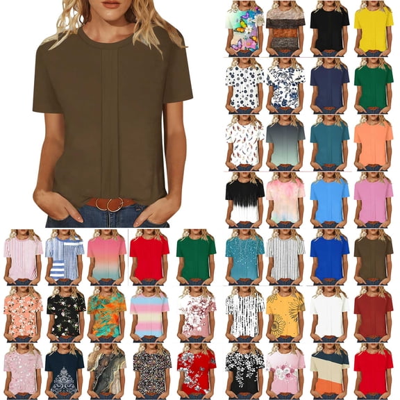 Wiyuqeen Womens Tops Summer Boho Floral Graphic Tees Pleated Crew Neck Short Sleeve T Shirts Casual Loose Blouses for Beach Travel