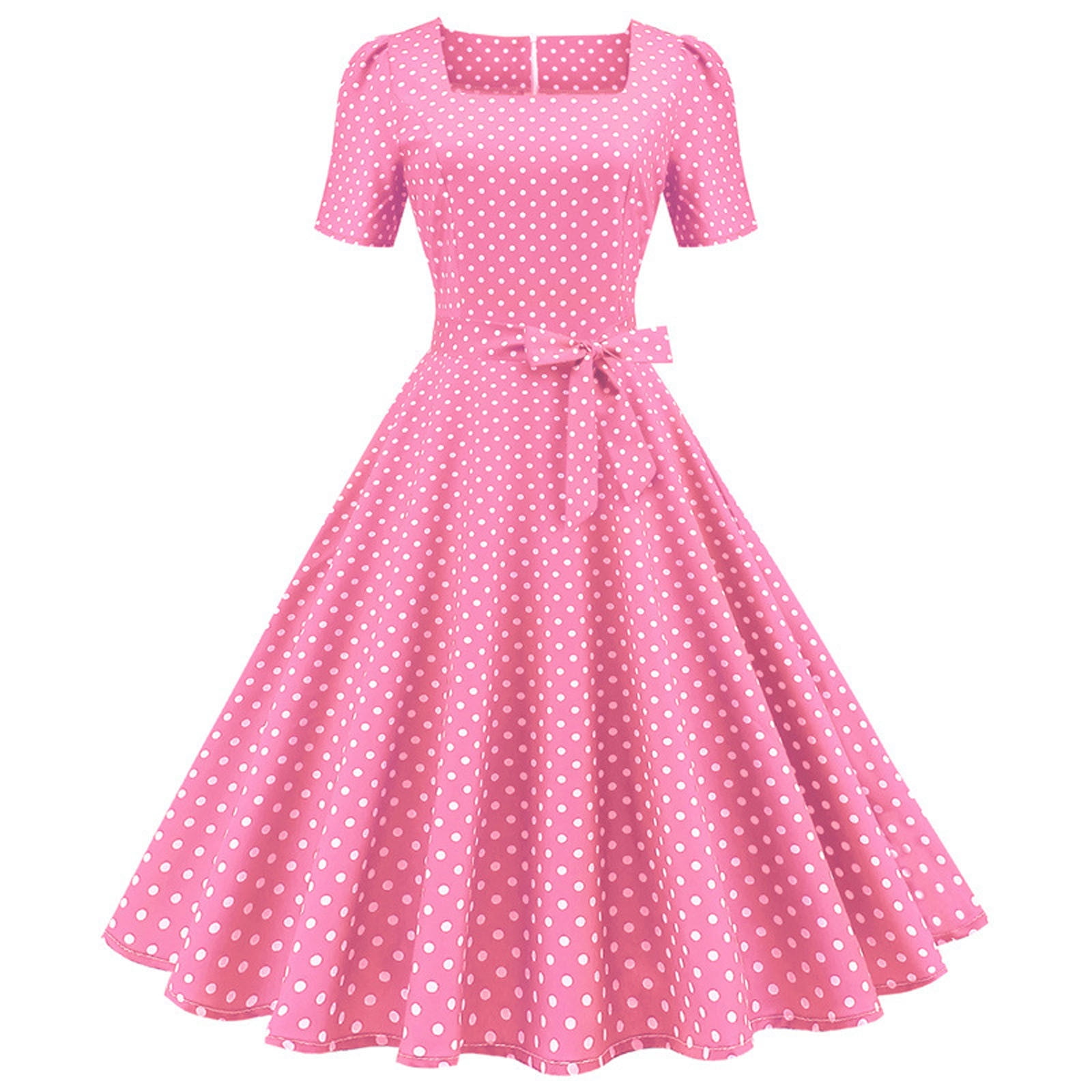 Topdress Women's Vintage 1950s Halter Polka Dot Dress – Audrey Hepburn Style Cocktail Dress, White Dot/Rose, XL