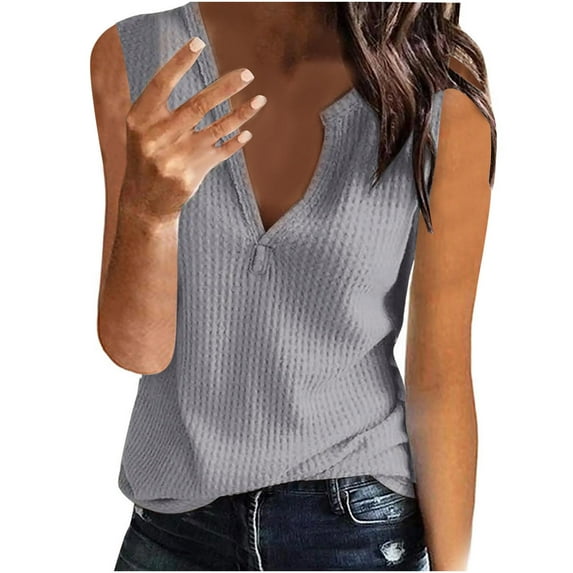 Wiyuqeen Womens Waffle Knit Tank Tops Elegant Trendy V Neck Summer T-shirts Casual Loose Sleeveless Tees Shirts Basic Solid Going Out Clothes