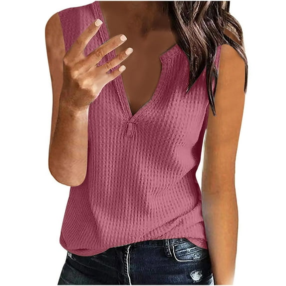 Wiyuqeen Womens Waffle Knit Tank Tops Elegant Trendy V Neck Summer T-shirts Casual Loose Sleeveless Tees Shirts Basic Solid Going Out Clothes