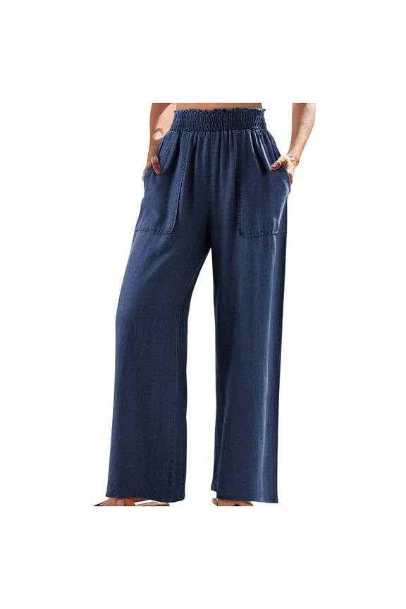 Womens Wide Leg Long Pants Elastic High Waist Trousers with Slant Pocket Straight Leg Denim Jeans Summer Loose Casual Lightweight Pant Fashion 2024