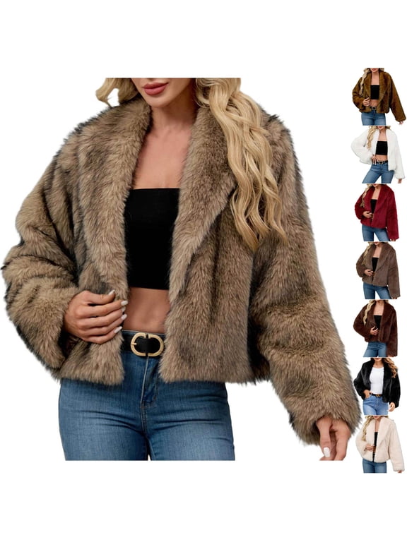 Womens Winter Coats Trendy Long Sleeve Furry Faux Fur Jackets Open Front Lapel Warm Fall Crop Outwear with Pockets