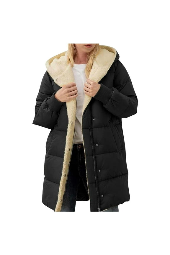 Womens Winter Warm Coats Loose Fit Sherpa Fleece Lined Long Jackets with Pockets Ladies Thick Hooded Zip-up Puffer Jacket Winter Snap Front Lightweight Outerwear