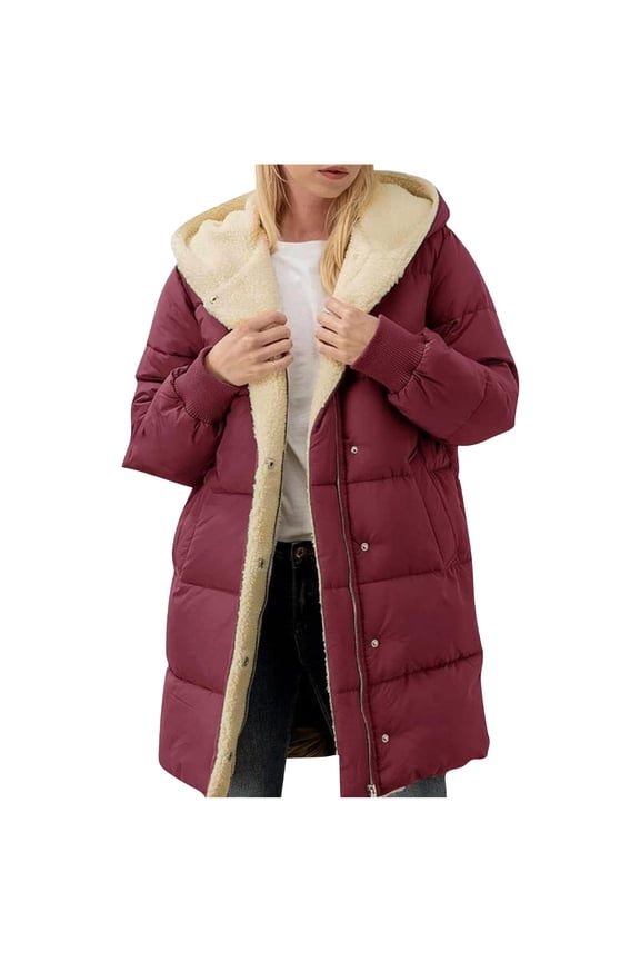 Womens Winter Warm Coats Loose Fit Sherpa Fleece Lined Long Jackets with Pockets Ladies Thick Hooded Zip-up Puffer Jacket Winter Snap Front Lightweight Outerwear