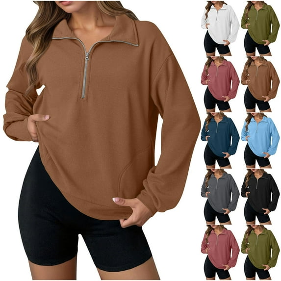 Wiyuqeen Zip Mock Neck Sweatshirts for Women Long Sleeve Loose Fit Waffle Pullover Tops Solid Casual Sweat Shirts Fall T Shirts with Pocket