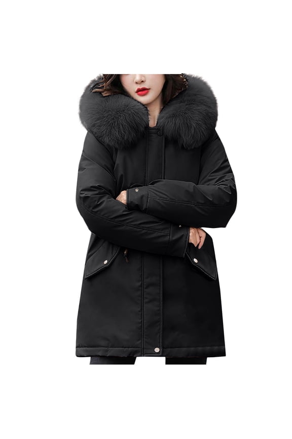 Zip Up Parka Jacket with Faux Fur Hood Womens Winter Fleece Coat Warm Solid Plaid Parka Coat Ladies Plus Size Outwear with Pockets