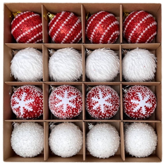 Wiywef 16-Piece Christmas Bauble Set, Sparkling Snowflake Foam Tree Balls for Xmas Holiday Home Party, Red and White, 6 cm / 2.36 in, 16 Pcs