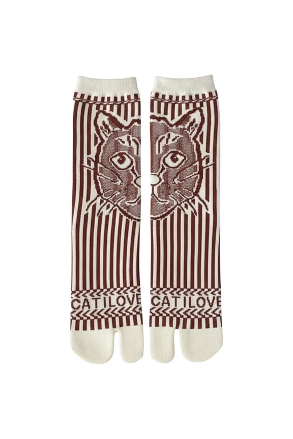 1pair Women's Funny Cat Split Toe Socks Novelty Tabi Sox Cotton Striped Socks Mid Cute Animal Two Toed Socks for Spring Autumn Winter
