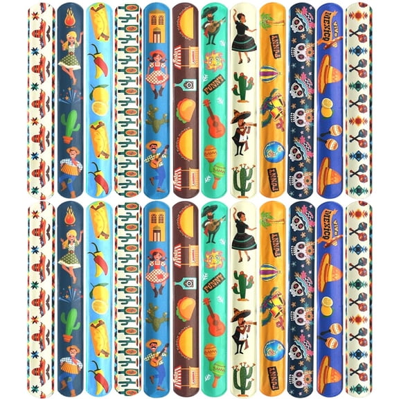 Wiywef 24pcs Slap Bands, Mexican Fiesta Theme Slap Bracelets Wristband Toy For Birthday Party Favors Cinco De Mayo Pinata Bag Fillers